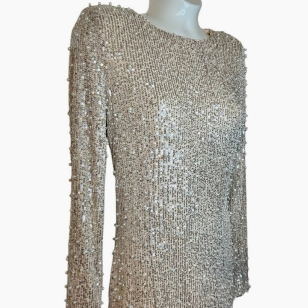 Mable Sequin & Pearl Embellished Long Sleeve Mini Dress